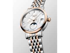 Longines Elegant Collection Quarz Edelstahl 30mm weißes Perlmutt-Zifferblatt zweifarbiges Metallband – Damenuhren Uhr mit Datum aus 750 Gelbgold, Edelstahl und vergoldet. Das Gehäuse ist rund und silber. Das Edelstahlarmband mit Gold ist silber-roségold. Das Zifferblatt ist ein Index in weiß. – Ansicht 2