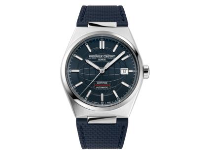 Frederique Constant Highlife Automatic Chronometer Edelstahl 39mm dunkelblaues Zifferblatt Metallband und Kautschukband – Herrenuhren Uhr mit Datum aus Edelstahl und Kautschuk. Das Gehäuse ist rund und silber. Das Edelstahlarmband ist silber. Das Zifferblatt ist ein Index in blau. – Ansicht 2