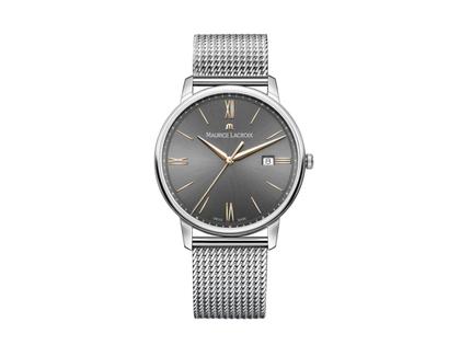 Maurice Lacroix Eliros Date Edelstahl 40mm graues Zifferblatt Metallband – Herrenuhren Uhr mit Datum aus Edelstahl. Das Gehäuse ist rund und silber. Das Edelstahlarmband ist silber. Das Zifferblatt ist römisch Index und grau.