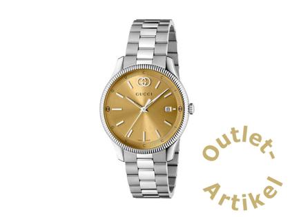 Herrenuhren Uhr mit Datum aus Edelstahl. Das Gehäuse ist rund und silber. Das Edelstahlarmband ist silber. Das Zifferblatt ist ein Index in gelbgold.
