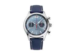 Frederique Constant Classics Vintage Rally Healey Chronograph Automatik Edelstahl 42mm blaues Zifferblatt blaues Lederband limitiert – Herrenuhren Chronograph aus Edelstahl und Leder. Das Gehäuse ist rund und silber. Das Lederarmband ist blau. Das Zifferblatt ist arabisch Index und blau.