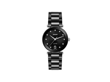 Rado LaCoupole Diamonds Quarz Edelstahl 31mm schwarzes Zifferblatt mit Brillanten Keramikband – Damenuhren Uhr mit Datum aus Edelstahl und Keramik. Das Gehäuse ist rund und schwarz. Das Edelstahlarmband ist schwarz. Das Zifferblatt ist ein Index in schwarz.