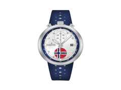 Junghans 1972 Competition FIS Edition Trondheim 2025 Automatik Edelstahl 43mm silberweißes Zifferblatt blaues Lederband – Herrenuhren Chronograph aus Edelstahl. Das Gehäuse ist rund und silber. Das Lederarmband ist blau. Das Zifferblatt ist ein Index in weiß.