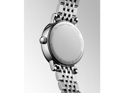 Longines Elegant Collection Quarz Edelstahl 30mm weißes Zifferblatt Metallband – Damenuhren Uhr mit Datum aus Edelstahl. Das Gehäuse ist rund und silber. Das Edelstahlarmband ist silber. Das Zifferblatt ist römisch und weiß. – Ansicht 3