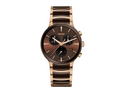 Rado Centrix Chronograph Quarz Edelstahl RG-PVD 41mm braunes Zifferblatt braunes Keramikband – Herrenuhren Chronograph aus Edelstahl und Keramik. Das Gehäuse ist rund und silber. Das Keramikarmband ist braun. Das Zifferblatt ist ein Index in braun.