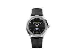 Frederique Constant Classics Moneta Moonphase Quarz 37mm schwarzes Zifferblatt schwarzes Lederband – Herrenuhren Uhr ohne Datum aus Edelstahl und Leder. Das Gehäuse ist rund und silber. Das Lederarmband ist schwarz. Das Zifferblatt ist ein Index in schwarz.