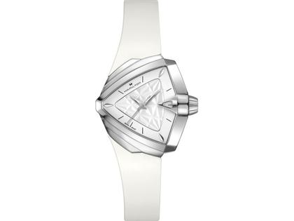 Hamilton Ventura S Quarz Edelstahl weiß Kautschukband weiß – Herrenuhren Uhr ohne Datum aus Edelstahl. Das Gehäuse ist sonstige Form und silber. Das Kautschuk / Kunststoff / Silikon Armband ist weiß. Das Zifferblatt ist ein Index in weiß.