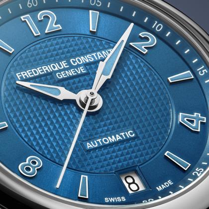Frederique Constant Classics Runabout Automatic Edelstahl 36mm blaues Zifferblatt blaues Lederband – Damenuhren Uhr mit Datum aus Edelstahl und Leder. Das Gehäuse ist rund und silber. Das Lederarmband ist blau. Das Zifferblatt ist arabisch Index und blau. – Ansicht 3