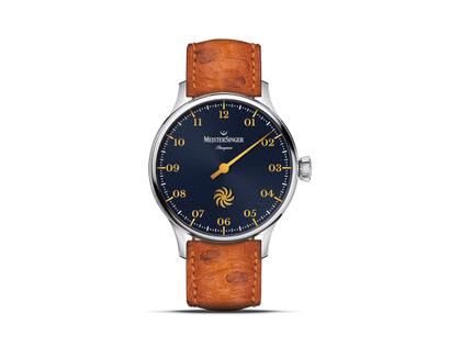 MeisterSinger Pangaea Automatik Edelstahl 40mm blaues Zifferblatt braunes Lederband – Herrenuhren Uhr ohne Datum aus Edelstahl. Das Gehäuse ist rund und silber. Das Lederarmband ist braun. Das Zifferblatt ist arabisch und blau.