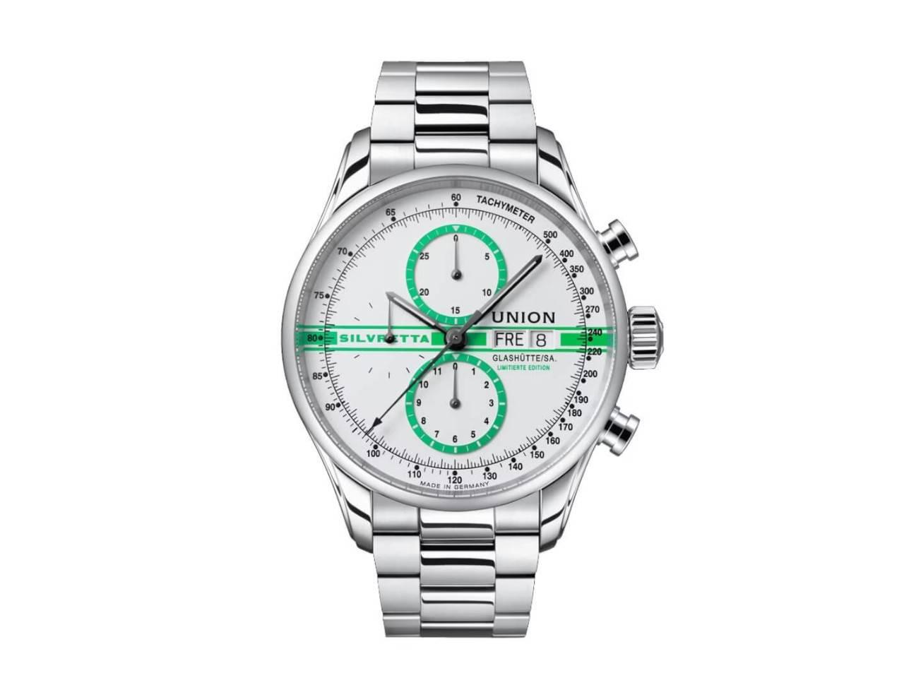 Union Glashütte Viro Chronograph Silvretta Classic 2022 Limited Edition Automatik Edelstahl 44mm weiß-grünes Zifferblatt schwarzes Lederband – Herrenuhren Chronograph aus Edelstahl. Das Gehäuse ist rund und silber. Das Lederarmband ist schwarz. Das Zifferblatt ist ein Index in grün. – Ansicht 2