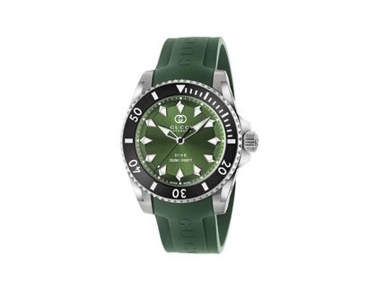 Herrenuhren Uhr ohne Datum aus Edelstahl und Keramik. Das Gehäuse ist rund und silber. Das Kautschuk / Kunststoff / Silikon Armband ist grün. Das Zifferblatt ist ein Index in grün.