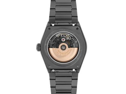 Frederique Constant Highlife Skeleton Automatik Edelstahl 41mm skelettiertes Zifferblatt Metallband und Kautschukband – Herrenuhren Uhr ohne Datum aus Edelstahl, Kautschuk und PVD beschichtet. Das Gehäuse ist rund und schwarz. Das Edelstahlarmband ist schwarz. Das Zifferblatt ist ein Index in grau. – Ansicht 2