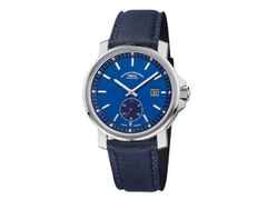 Mühle Glashütte 29er Big Kleine Sekunde Automatik Edelstahl 42,4mm blaues Zifferblatt blaues Textilband – Herrenuhren Uhr mit Datum aus Edelstahl. Das Gehäuse ist rund und silber. Das Textilarmband ist blau. Das Zifferblatt ist ein Index in blau.