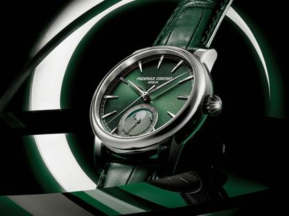 Frederique Constant Classic Moonphase Date Manufacture Automatik Edelstahl 40mm grünes Zifferblatt grünes Lederband – Herrenuhren Uhr mit Datum aus Edelstahl und Leder. Das Gehäuse ist rund und silber. Das Lederarmband Kroko / Alligator ist grün. Das Zifferblatt ist ein Index in grün. – Ansicht 4