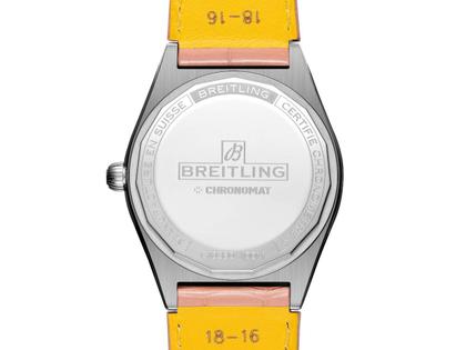 Breitling Chronomat Automatic 36 South Sea Edelstahl rosafarbenes Zifferblatt mit Brillanten und bunten Saphiren rosafarbenes Lederband – Damenuhren Uhr mit Datum aus 750 Weißgold, Edelstahl und Leder. Das Gehäuse ist rund und silber. Das Lederarmband Kroko / Alligator ist rosa. Das Zifferblatt ist ein Index in rosa. – Ansicht 2