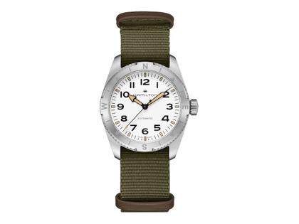 Hamilton Khaki Field Expedition Automatik Edelstahl 37mm weißes Zifferblatt olivgrünes Textilband – Herrenuhren Uhr ohne Datum aus Edelstahl. Das Gehäuse ist rund und silber. Das Textilarmband ist grün. Das Zifferblatt ist ein Index in weiß.
