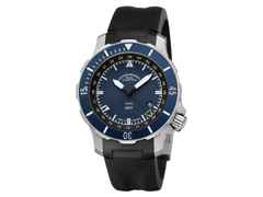 Mühle Glashütte Seebataillon GMT Automatik Titan 45mm blaues Zifferblatt schwarzes Kautschukband – Herrenuhren Uhr mit Datum aus Kautschuk und Titan. Das Gehäuse ist rund und silber. Das Kautschuk / Kunststoff / Silikon Armband ist schwarz. Das Zifferblatt ist ein Index in blau.