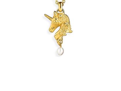Drachenfels Design Sternenglanz und Schattentanz Anhänger Einhorn Bright  klein Süßwasserperle gelbgoldplattiert – Anhänger Anhänger mit Besatz aus 925 Silber.