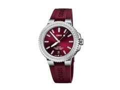 Oris Aquis Date Diamonds Automatik Edelstahl 41,5mm rotes ZIfferblatt rotes Kautschukband – Damenuhren Uhr mit Datum aus Edelstahl und Kautschuk. Das Gehäuse ist rund und silber. Das Kautschuk / Kunststoff / Silikon Armband ist rot. Das Zifferblatt ist ein Index in rot.