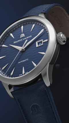 Maurice Lacroix 1975 Legacy Vagues Du Jura Date Automatik Edelstahl 40mm blaues Zifferblatt blaues Lederband limitiert – Herrenuhren Uhr mit Datum aus Edelstahl und Leder. Das Gehäuse ist rund und silber. Das Edelstahlarmband ist blau. Das Zifferblatt ist ein Index in blau. – Ansicht 2