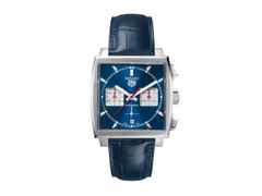 TAG Heuer Monaco Chronograph Automatik Edelstahl 39mm blaues Zifferblatt blaues Lederband – Herrenuhren Chronograph aus Edelstahl. Das Gehäuse ist rechteckig und silber. Das Lederarmband Kroko / Alligator ist blau. Das Zifferblatt ist ein Index in blau.