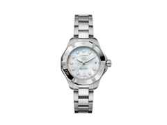 TAG Heuer Aquaracer Professional 200 Solargraph Quarz Edelstahl 34mm weißes Perlmutt-Zifferblatt mit Brillanten Metallband – Damenuhren Uhr mit Datum aus Edelstahl. Das Gehäuse ist rund und silber. Das Edelstahlarmband ist silber. Das Zifferblatt ist ein Index in weiß.
