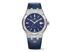 Maurice Lacroix Aikon Automatik Edelstahl 42mm blaues Zifferblatt blaues Lederband – Herrenuhren Uhr mit Datum aus Edelstahl. Das Gehäuse ist rund und silber. Das Lederarmband ist blau. Das Zifferblatt ist ein Index in blau.