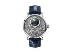 Glashütte Original Senator Chronometer Tourbillon Handaufzug Platin 42mm anthrazitfarbenes Zifferblatt blaues Lederband Limitierte Edition – Herrenuhren Uhr ohne Datum aus 950 Platin. Das Gehäuse ist rund und silber. Das Lederarmband Kroko / Alligator ist blau. Das Zifferblatt ist ein Index in grau.