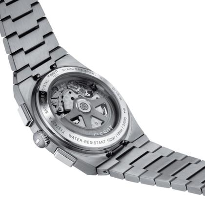 Tissot PRX Chronograph Automatik Edelstahl 42mm grünes Zifferblatt Metallband – Herrenuhren Chronograph aus Edelstahl. Das Gehäuse ist rund und silber. Das Edelstahlarmband ist silber. Das Zifferblatt ist ein Index in grün. – Ansicht 4