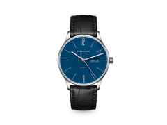 Sternglas Berlin Automatik Edelstahl 38mm blaues Zifferblatt schwarzes Lederband – Herrenuhren Uhr mit Datum aus Edelstahl und Leder. Das Gehäuse ist rund und silber. Das Lederarmband ist schwarz. Das Zifferblatt ist ein Index in blau.