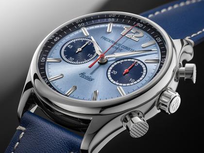 Frederique Constant Classics Vintage Rally Healey Chronograph Automatik Edelstahl 42mm blaues Zifferblatt blaues Lederband limitiert – Herrenuhren Chronograph aus Edelstahl und Leder. Das Gehäuse ist rund und silber. Das Lederarmband ist blau. Das Zifferblatt ist arabisch Index und blau. – Ansicht 4