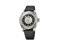 Oris Big Crown Bullseye Automatik Edelstahl 38mm weißes Zifferblatt schwarzes Lederband – Herrenuhren Uhr mit Datum aus Edelstahl und Leder. Das Gehäuse ist rund und silber. Das Lederarmband ist schwarz. Das Zifferblatt ist arabisch und weiß.