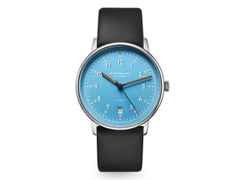 Sternglas Lumatik Automatik Edelstahl 38mm hellblaues Zifferblatt schwarzes Lederband – Herrenuhren Uhr mit Datum aus Edelstahl und Leder. Das Gehäuse ist rund und silber. Das Lederarmband ist schwarz. Das Zifferblatt ist arabisch Index und blau.