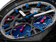 TAG Heuer Monza Flyback Chronometer Automatik Carbon 42mm skelettiertes Zifferblatt schwarzes Textilband – Herrenuhren Chronograph aus DLC beschichtet, Edelstahl, Carbon und Leder. Das Gehäuse ist quadratisch und schwarz. Das Lederarmband ist schwarz. Das Zifferblatt ist ein Index in grau. – Ansicht 3
