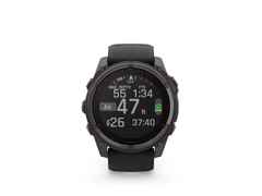 Garmin fenix 8 51mm Sapphire Solar faserverstärktes Polymer Titan carbongrau beschichtet schwarzes Kautschukband – Herrenuhren Uhr Multifunktion aus DLC beschichtet, Kautschuk und Titan. Das Gehäuse ist rund und grau. Das Kautschuk / Kunststoff / Silikon Armband ist schwarz. Das Zifferblatt ist digital und schwarz.