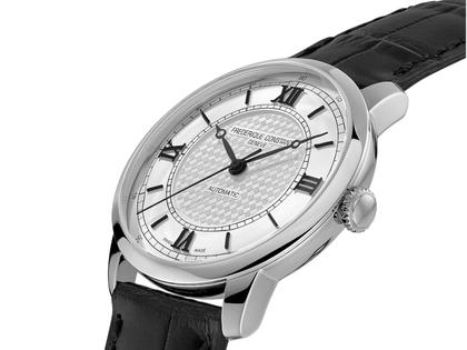 Frederique Constant Classics Premiere Automatik Edelstahl 38,5mm weißes Zifferblatt schwarzes Lederband – Herrenuhren Uhr ohne Datum aus Edelstahl und Leder. Das Gehäuse ist rund und silber. Das Lederarmband ist schwarz. Das Zifferblatt ist römisch Index und weiß. – Ansicht 2