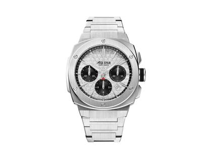 Alpina Alpiner Extreme Chronograph Automatik Edelstahl 41mm silbernes Zifferblatt Metallband – Herrenuhren Chronograph aus Edelstahl. Das Gehäuse ist rund und silber. Das Edelstahlarmband ist silber. Das Zifferblatt ist ein Index in silber.