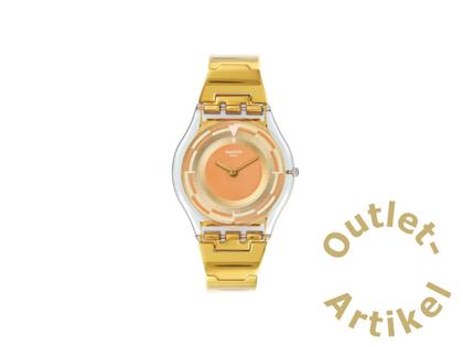 Swatch "Schupe" Quarz Kunststoff 34mm gelbes Zifferblatt gelbes Silikonband – Damenuhren Uhr ohne Datum aus Kunststoff. Das Gehäuse ist rund und transparent. Das Kautschuk / Kunststoff / Silikon Armband ist gelb. Das Zifferblatt ist ein Index in gelb.