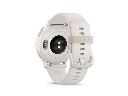 Garmin vívoactive 5 faserverstärktes Polymer elfenbein-/cremgoldfarben 42mm elfenbeinfarbenes Kautschukband – Damenuhren Uhr Multifunktion aus eloxiertes Aluminium, Kautschuk, Kunststoff und PVD beschichtet. Das Gehäuse ist rund und elfenbein. Das Kautschuk / Kunststoff / Silikon Armband ist elfenbein. Der Zifferblatt ist digital. – Ansicht 5