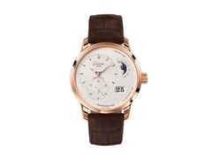 Glashütte Original PanoMaticLunar Automatik Rotgold 40mm silbernes Zifferblatt braunes Lederband – Herrenuhren Uhr mit Datum aus 750 Rotgold. Das Gehäuse ist rund und roségold. Das Lederarmband Kroko / Alligator ist braun. Das Zifferblatt ist ein Index in silber.