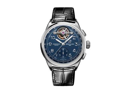 Breitling Premier B21 Chronograph Tourbillon 42 Willy Breitling Automatik Platin blaues Zifferblatt schwarzes Lederband – Herrenuhren Chronograph aus 950 Platin und Leder. Das Gehäuse ist rund und silber. Das Lederarmband Kroko / Alligator ist schwarz. Das Zifferblatt ist arabisch und blau.