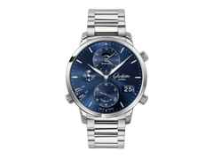 Glashütte Original Senator Cosmopolite Automatik Edelstahl 44mm blaues Zifferblatt Metallband – Herrenuhren Uhr mit Datum aus Edelstahl. Das Gehäuse ist rund und silber. Das Edelstahlarmband ist silber. Das Zifferblatt ist ein Index in blau.