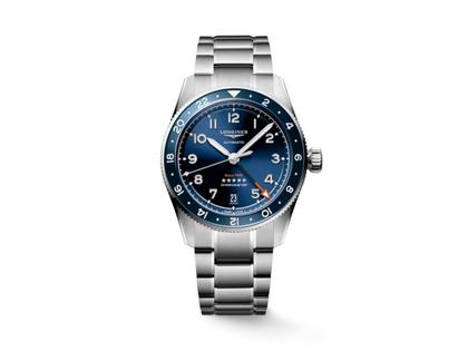 Longines Spirit Zulu Time Automatik Edelstahl 39mm blaues Zifferblatt Metallband – Herrenuhren Uhr mit Datum aus Edelstahl und Keramik. Das Gehäuse ist rund und silber. Das Edelstahlarmband ist silber. Das Zifferblatt ist arabisch Index und blau.