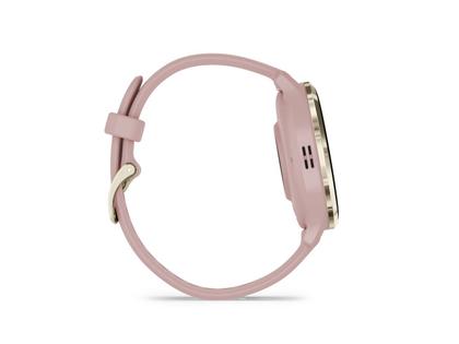 Garmin Venu 3S faserverstärktes Polymer Dust Rose 41mm altrosafarbenes Kautschukband – Herrenuhren Uhr Multifunktion aus Edelstahl, Kautschuk, Kunststoff und PVD beschichtet. Das Gehäuse ist rund und rosa. Das Kautschuk / Kunststoff / Silikon Armband ist rosa. Das Zifferblatt ist digital und schwarz. – Ansicht 6