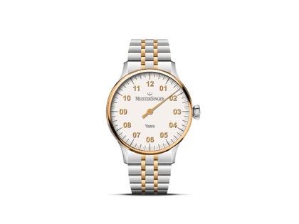 MeisterSinger Yaara Automatik Edelstahl Gold 36mm weißes Zifferblatt Metalllband bicolor – Damenuhren Uhr ohne Datum aus Edelstahl und vergoldet. Das Gehäuse ist rund und silber-gelbgold. Das Edelstahlarmband ist silber-gelbgold. Das Zifferblatt ist arabisch und weiß.