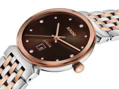 Rado Florence Classic Diamonds Quarz Edelstahl 30 mm braun Edelstahlband bicolor – Damenuhren Uhr mit Datum aus Edelstahl und PVD beschichtet. Das Gehäuse ist rund und roségold. Das Edelstahlarmband ist silber-roségold. Das Zifferblatt ist ein Index in braun. – Ansicht 2