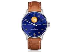 MeisterSinger Lunascope Automatik Edelstahl blaues Zifferblatt, braunes Lederband, goldner Mond – Herrenuhren Uhr mit Datum aus Edelstahl. Das Gehäuse ist rund und silber. Das Lederarmband ist braun. Das Zifferblatt ist arabisch und blau.