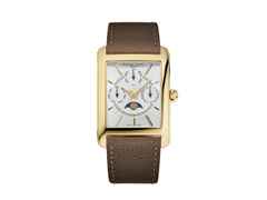 Frederique Constant Classics Carree Calendar Moonphase Quarz Edelstahl GG-PVD 42x30mm weißes Zifferblatt braunes Lederband – Herrenuhren Uhr mit Datum aus Edelstahl, Leder und PVD beschichtet. Das Gehäuse ist rechteckig und gelbgold. Das Lederarmband ist braun. Das Zifferblatt ist ein Index in weiß.