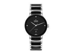 Rado Centrix Diamonds Automatik Edelstahl 39,5mm schwarzes Zifferblatt mit Brillanten Metallband – Herrenuhren Uhr mit Datum aus Edelstahl und Keramik. Das Gehäuse ist rund und silber. Das Keramikarmband ist schwarz. Das Zifferblatt ist ein Index in schwarz.
