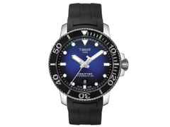 Tissot Seastar 1000  Powermatic 80 blau schwarz – Herrenuhren Uhr mit Datum aus Edelstahl und Keramik. Das Gehäuse ist rund und silber. Das Kautschuk / Kunststoff / Silikon Armband ist schwarz. Das Zifferblatt ist ein Index in blau.